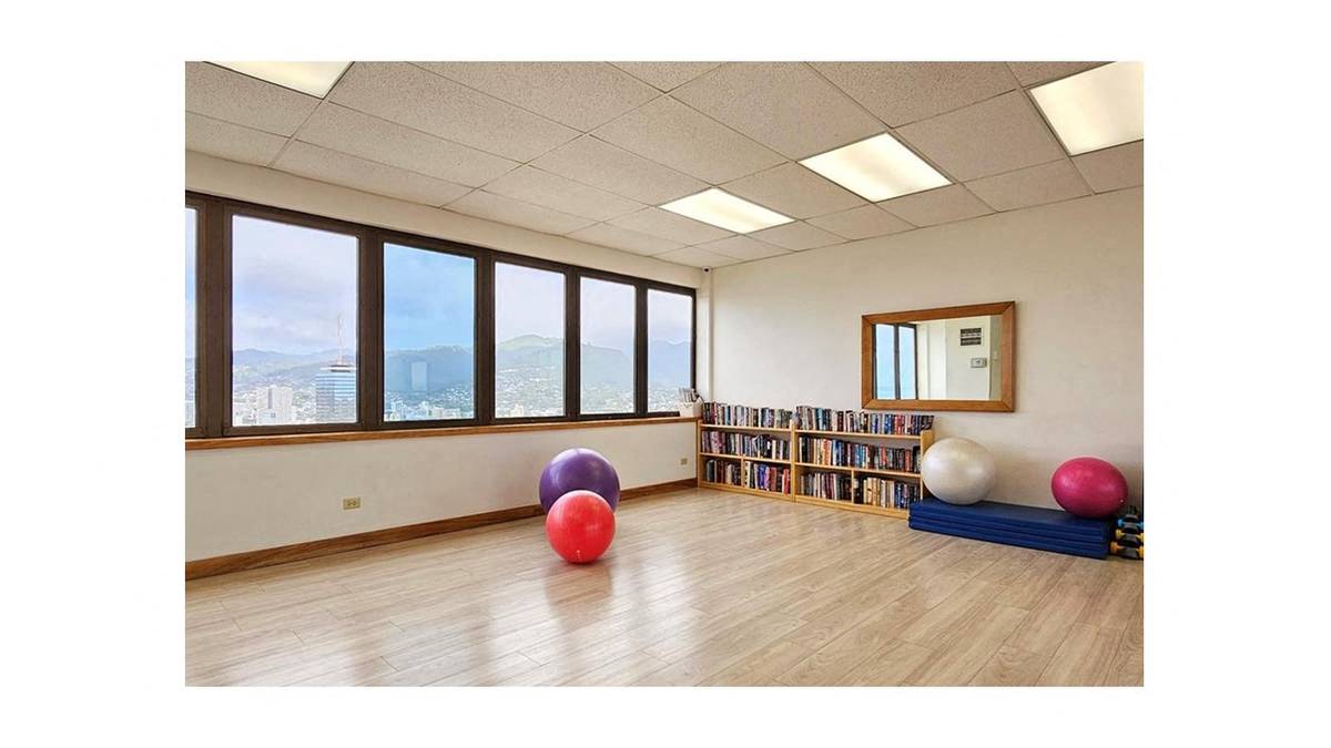 A room with a large window, a bookshelf, and exercise balls.